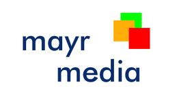 Logo von Mayr Media mit bunten Quadraten in Grün, Orange und Rot.