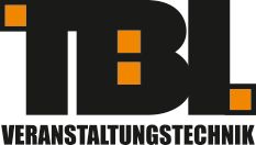 Logo mit Schriftzug "TBL Veranstaltungstechnik", schwarze Buchstaben mit orangefarbenen Akzenten.