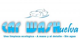 Logo azul de "Car Wash Huelva" con eslogan ecológico para limpieza sin agua.