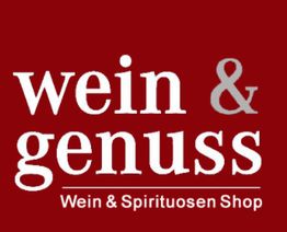 Weißer Text "wein & genuss, Wein & Spirituosen Shop" auf rotem Hintergrund.