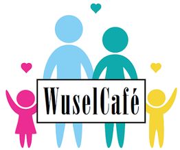 Grafik von vier bunten Figuren und dem Schriftzug "WuselCafé" mit Herzen umgeben.