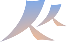 Abstrakte, gebogene Formen in Blau und Orange auf weißem Hintergrund.