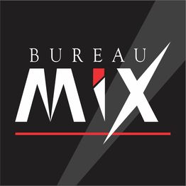 Logo com as palavras "Bureau Mix" em branco, vermelho e cinza sobre fundo preto.