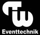 Logo mit den Buchstaben "TW" und dem Text "Eventtechnik" auf schwarzem Hintergrund.