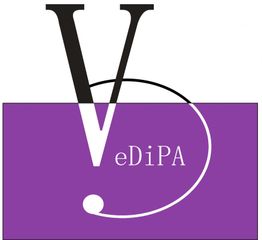Logo mit großem "V" und Text "eDiPA" auf lila Hintergrund, in kreativem Design.