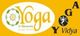 Gelbes Logo von Yoga Vidya mit Text "Yoga in Harmony" und einem tanzenden Symbol in Schwarz.