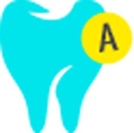 Blauer Zahn mit gelbem Kreis und schwarzem Buchstaben "A".