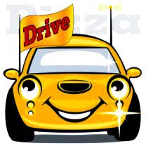 Gelbes Cartoon-Auto mit lachendem Gesicht und einer Fahne mit der Aufschrift "Drive".