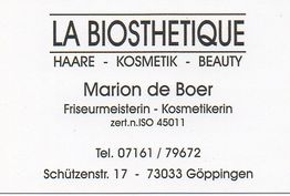 Visitenkarte von Marion de Boer, Friseurmeisterin und Kosmetikerin in Göppingen.