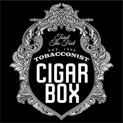 Ornate logo with "Cigar Box, Tobacconist, Est. 1996" in the center and decorative border design.