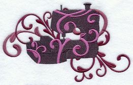 Stickerei einer Nähmaschine mit violetten Verzierungen auf weißem Hintergrund.