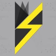 Logo geometrico con triangoli gialli e neri su sfondo grigio.