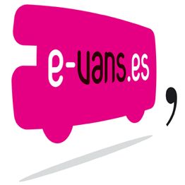 Logo de un autobús rosa con texto "e-vans.es" y una coma negra al lado derecho.