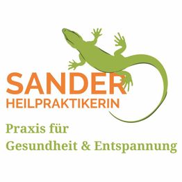 Grünes Gecko-Logo mit Text "Sander Heilpraktikerin, Praxis für Gesundheit & Entspannung".