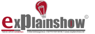 Logo mit rotem Glühbirnen-Symbol, Text: "exPlainshow". Slogan darunter auf Englisch.
