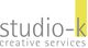 Logo mit Text "studio-k creative services" in Grau, der Buchstabe "k" steht in gelbem Streifen.