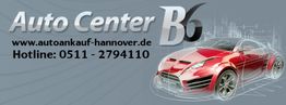 Auto Center B6 Logo, Webseite und Hotline, rotes Auto auf grauem Hintergrund.
