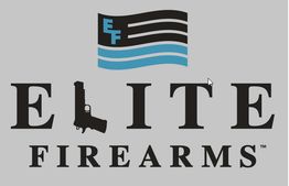 Logo with text "Elite Firearms" featuring a gun silhouette and stylized flag design above.