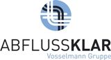 Logo „Abflussklar“ der Vosselmann Gruppe mit blau-weiß-schwarzem kreisförmigem Design.