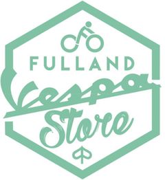 Grünes Logo mit einem Fahrrad, dem Text "FULLAND Vespa Store" in einem sechseckigen Rahmen.