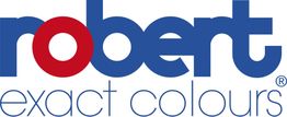 Logo mit Schriftzug "robert exact colours" in Blau und Rot.