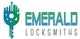 Logo for Emerald Locksmiths featuring a key with skyline design.