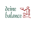 „deine balance“ Text mit stilisierter Figur, die im Schneidersitz eine Schale hält.