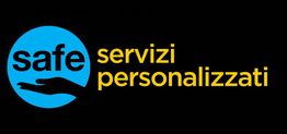 Logo con testo "safe servizi personalizzati", mano stilizzata sotto "safe" su sfondo nero.