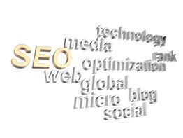 3D words related to SEO: technology, media, web, optimization, global, rank, micro, blog, social.
