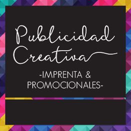 Texto “Publicidad Creativa, Imprenta & Promocionales” sobre fondo geométrico colorido.