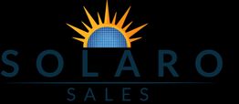 Logo mit Sonnenstrahlen über einem blauen Halbkreis, darunter der Text "SOLARO SALES".