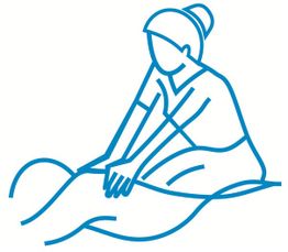 Strichzeichnung: Eine Person massiert die Beine einer anderen Person auf einer Liege.