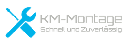 Logo von KM-Montage mit blauen Werkzeugen und Text: "Schnell und Zuverlässig".