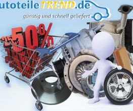 Einkaufswagen mit Autoteilen und 50% Rabatt-Text, Website-Logo und Maskottchen im Vordergrund.