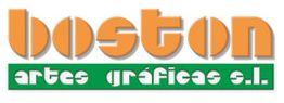 Logotipo de Boston Artes Gráficas s.l., con texto en naranja y verde sobre fondo blanco.