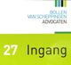 Bord met tekst "Bollen van Scheppingen Advocaten", nummer 27, ingang.