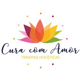 Logotipo "Cura com Amor", com flor colorida e texto "Terapias Holísticas".