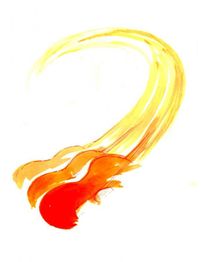 Abstrakte Malerei mit einem roten, orangefarbenen Pinselstrich auf weißem Hintergrund.