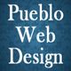 "Pueblo Web Design text on blue floral background."