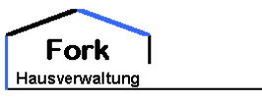 Logo der Fork Hausverwaltung mit stilisiertem Hausumriss in Schwarz und Blau.