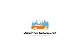Logo mit orangefarbenem Auto und Stadtsilhouette, Text: Münchner Autoankauf, Fair Unkompliziert.