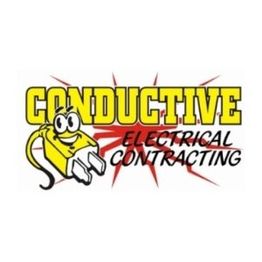 Smiling plug with "Conductive Electrical Contracting" text and red electric sparks.