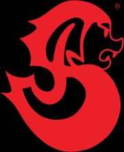 Rotes Drachen-Logo auf schwarzem Hintergrund, stilisiert in dynamischer Form.