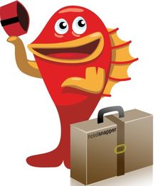 Ein roter Fisch mit Schirm und Koffer, lächelnd und stehend vor einem braunen Koffer.