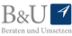 B&U-Logo mit Text "Beraten und Umsetzen" und Papierflieger-Symbol in blauem Quadrat.