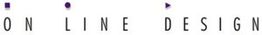 Schwarz-weißer Text "ON LINE DESIGN" mit lila Quadraten und einem Dreieck darüber.