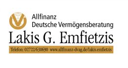 Logo mit Text: "Allfinanz Deutsche Vermögensberatung Lakis G. Emfietzis", Telefon und Website.