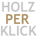 Text: HOLZ PER KLICK in grauen und braunen Buchstaben auf weißem Hintergrund.