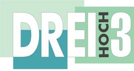 Textgrafik mit den Worten "Drei hoch 3" in verschiedenen Farben und Größen.