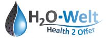 Wassertropfen-Logo mit Text "H₂O-Welt Health 2 Offer" in Blau und Schwarz.